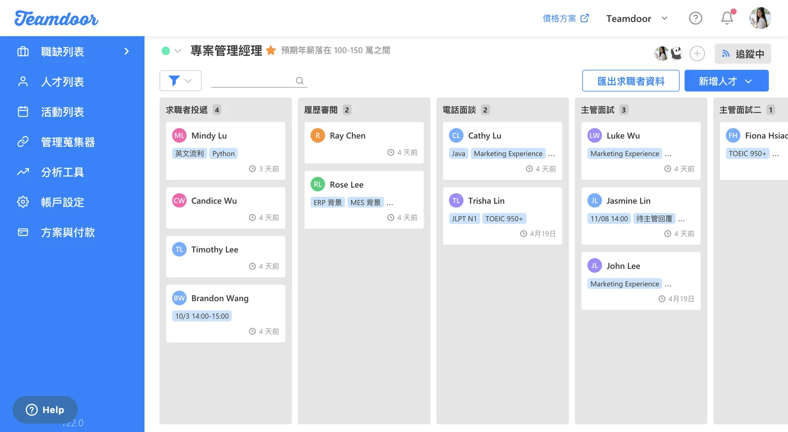  Teamdoor 招募進度看板讓昕力資訊 Recruiter, HRBP, 用人主管 都能一目瞭然招募進度（圖僅為示意圖） 